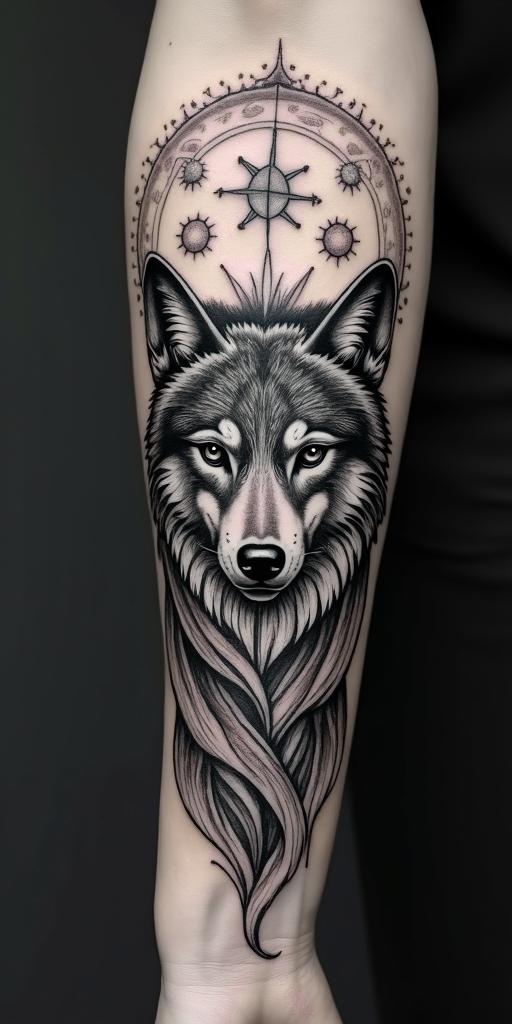 arm cover up, mix of wolf and phoenixin prophecy tattoo style, featuring mystical symbols, celestial imagery like stars, moons, suns, geometric patterns, foretelling elements, an eye of wisdom - Variation 7