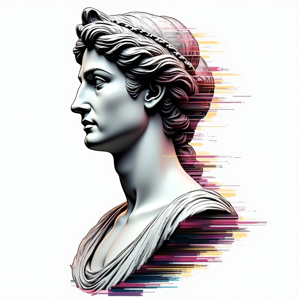 Cartoonin distorted and fragmented tattoo design, featuring a classical statue bust, in a glitch art style with vibrant, overlapping colors of cyan, magenta, and yellow, creating a digital distortion effect - Variation 3