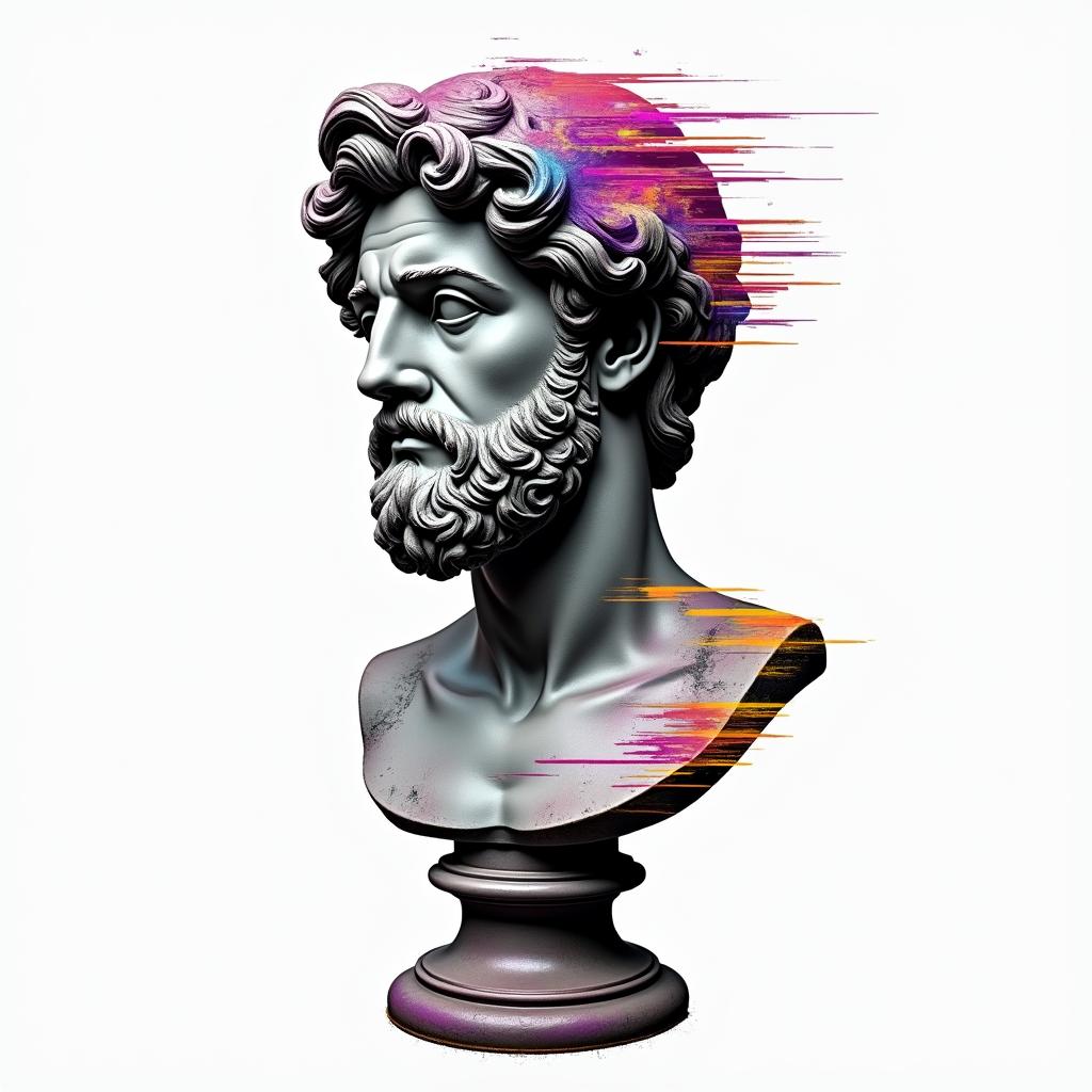 Cartoonin distorted and fragmented tattoo design, featuring a classical statue bust, in a glitch art style with vibrant, overlapping colors of cyan, magenta, and yellow, creating a digital distortion effect
