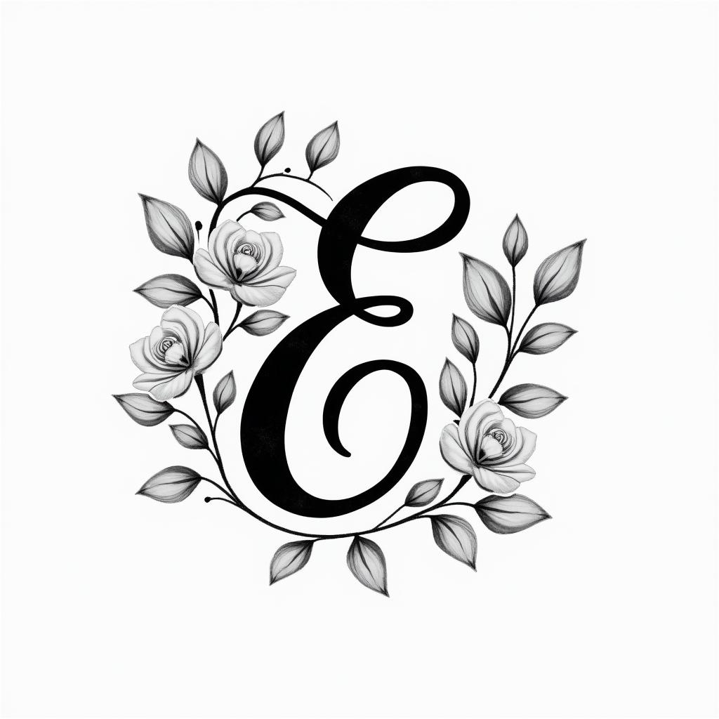 Cursive E, flowers and butterfliesin elegant cursive calligraphy style 2d tattoo, decorate with roses, featuring a smooth and flowing handwritten script with slightly thickened strokes for a luxurious and bold appearance,  heart symbol between names,  sleek and glossy black text with shadowing, minimalist matte white background, clean and sharp edges, illuminated with soft lighting, romantic, 8k, high-quality textures with refined typography - Variation 7
