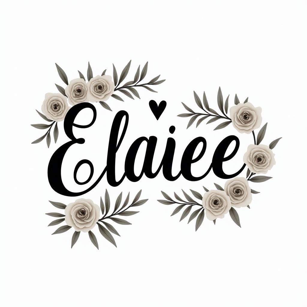 Cursive E, flowers and butterfliesin elegant cursive calligraphy style 2d tattoo, decorate with roses, featuring a smooth and flowing handwritten script with slightly thickened strokes for a luxurious and bold appearance,  heart symbol between names,  sleek and glossy black text with shadowing, minimalist matte white background, clean and sharp edges, illuminated with soft lighting, romantic, 8k, high-quality textures with refined typography - Variation 2