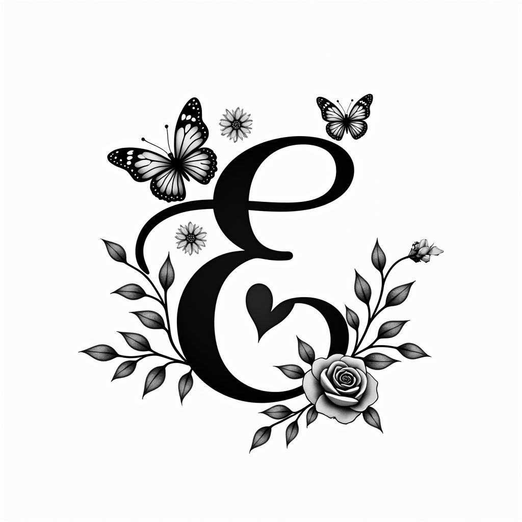Cursive E, flowers and butterfliesin elegant cursive calligraphy style 2d tattoo, decorate with roses, featuring a smooth and flowing handwritten script with slightly thickened strokes for a luxurious and bold appearance,  heart symbol between names,  sleek and glossy black text with shadowing, minimalist matte white background, clean and sharp edges, illuminated with soft lighting, romantic, 8k, high-quality textures with refined typography