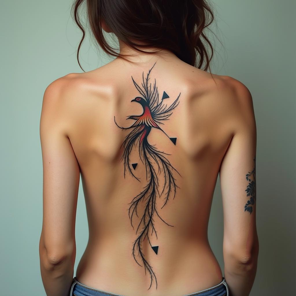 Phoenixin minimalist style tattoo, featuring simple shapes and fine lines, with minimal shading and details, tiny triangles, creating a sense of balance and harmony - Variation 3