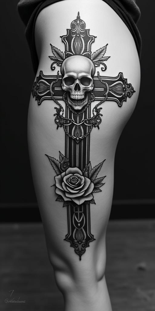 Pelagiain chicano style tattoo, featuring intricate black and grey shading, bold elements of traditional chicano culture symbols, add a big cross with skull, chains and roses - Variation 3