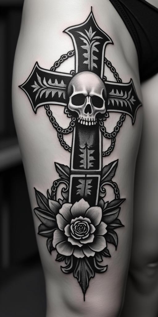 Pelagiain chicano style tattoo, featuring intricate black and grey shading, bold elements of traditional chicano culture symbols, add a big cross with skull, chains and roses - Variation 4