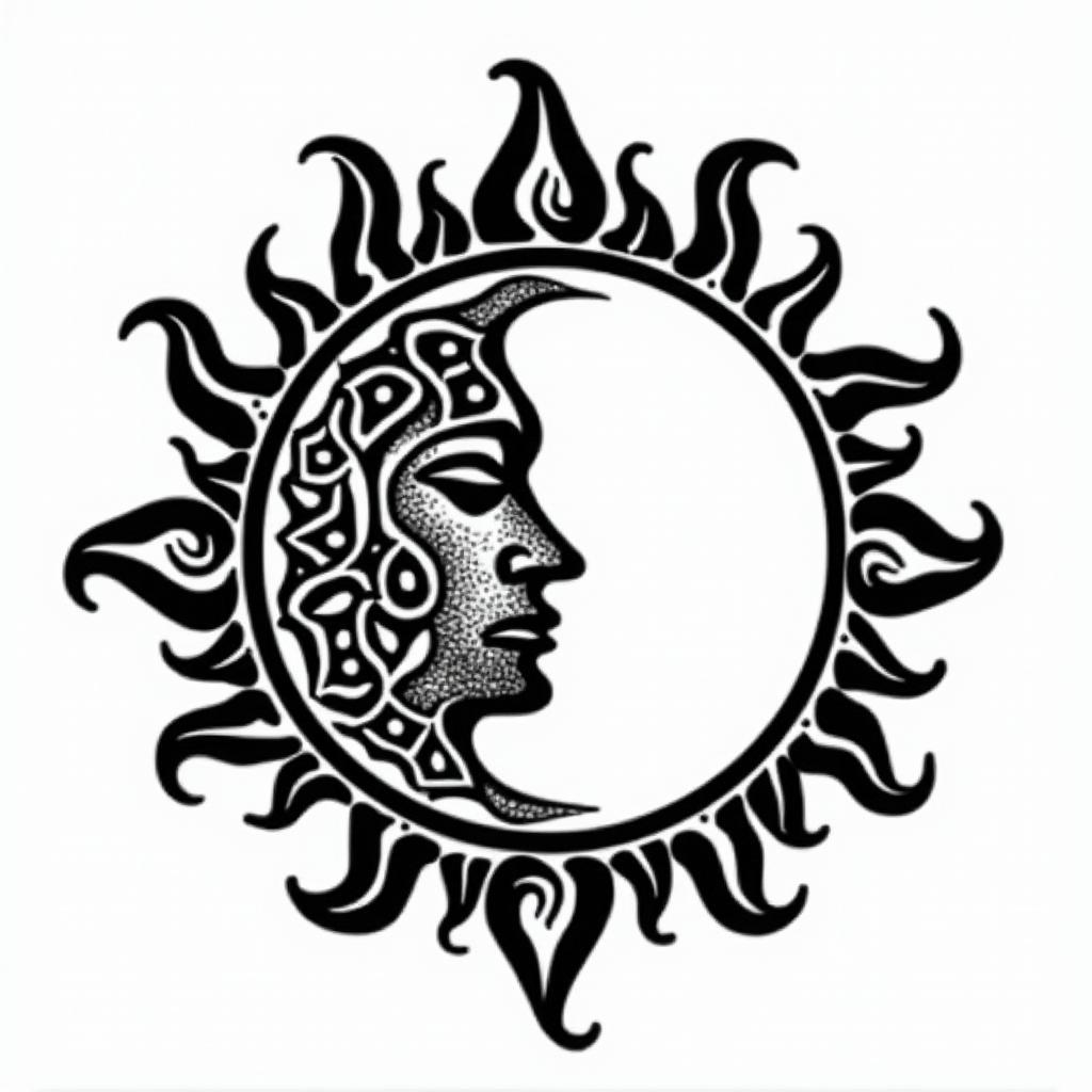 Sun and moon intertwined, shiningin tribal tattoo style, featuring bold and black geometric shapes, curved lines, intertwine and flow seamlessly, creating a powerful and symbolic design, polynesian and maori styles - Variation 1
