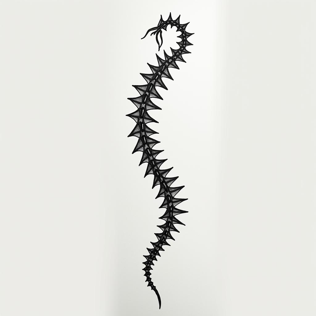 Spine back thin Tatto with meaning of strength woman mother Virgo warriorin minimalist style tattoo, featuring simple shapes and fine lines, with minimal shading and details, tiny triangles, creating a sense of balance and harmony - Variation 2