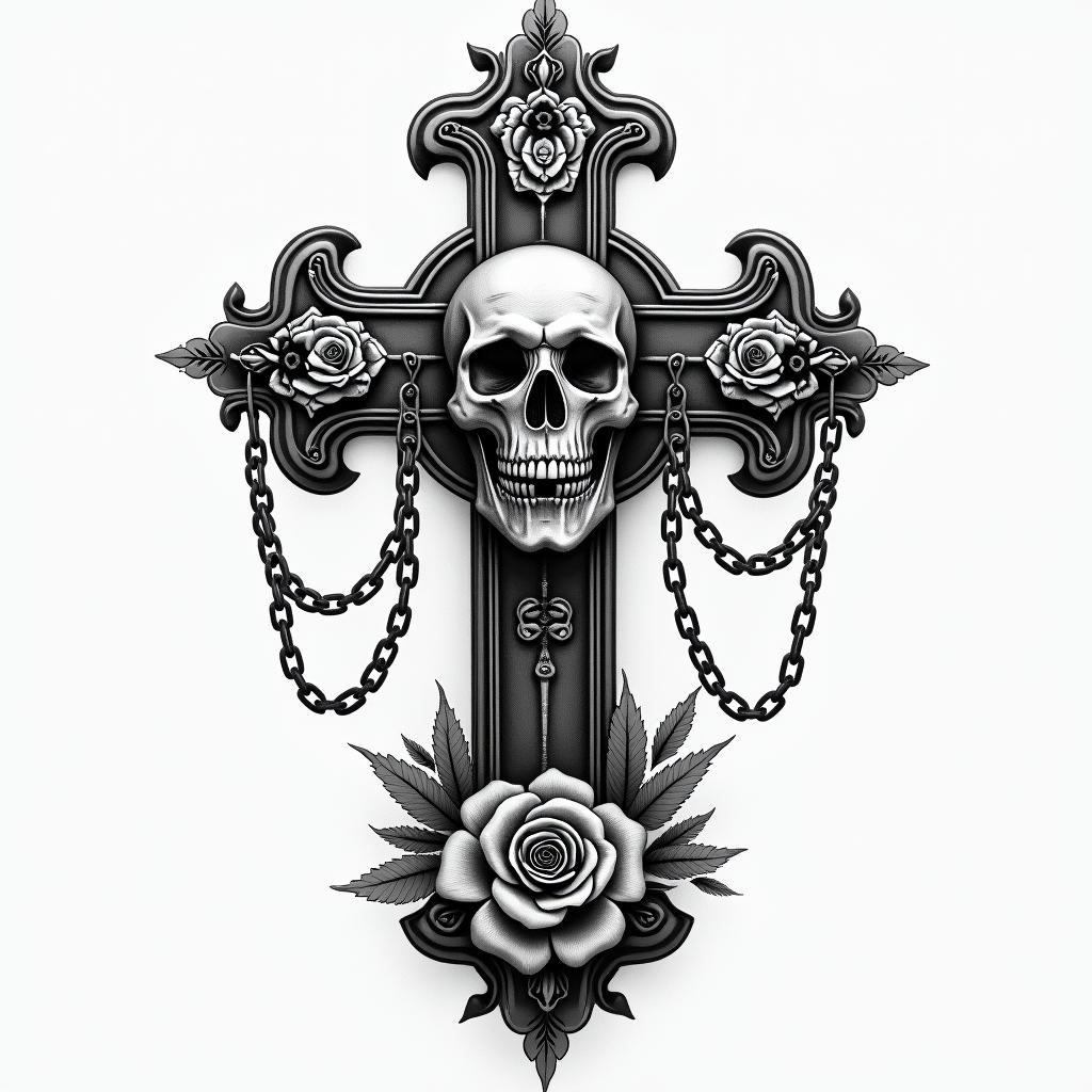 Nixon, Sagittarius, Venezuela Caracasin chicano style tattoo, featuring intricate black and grey shading, bold elements of traditional chicano culture symbols, add a big cross with skull, chains and roses