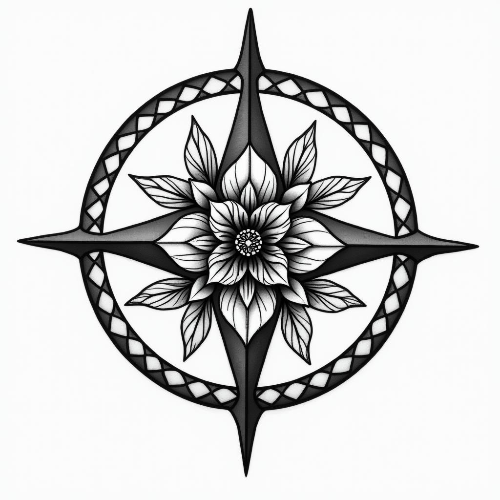 Compass, flower and my sister in geometric style tattoo, blending hexagons, mandala-inspired patterns, symmetrical and fractal design, clean lines, sharp angles