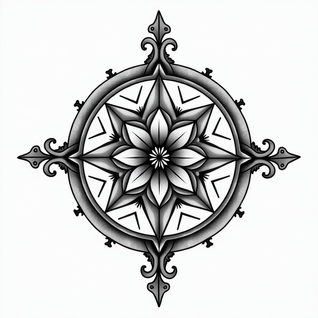 Compass, flower and my sister in geometric style tattoo, blending hexagons, mandala-inspired patterns, symmetrical and fractal design, clean lines, sharp angles - Variation 3