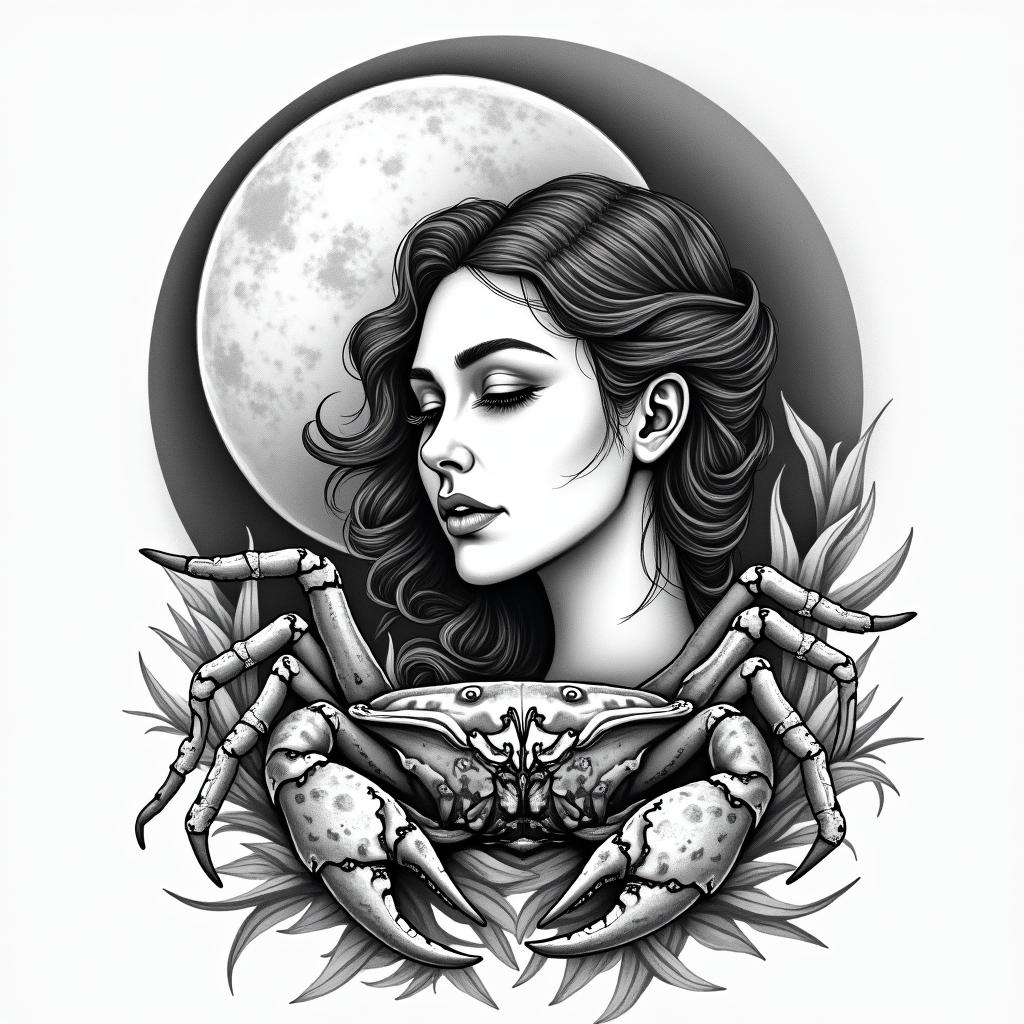 Woman’s face by the moon, water, and large crabin authentic tattoo style, incorporating traditional modifications, bold black outlines, solid color fills, featuring classic authentic elements - Variation 2