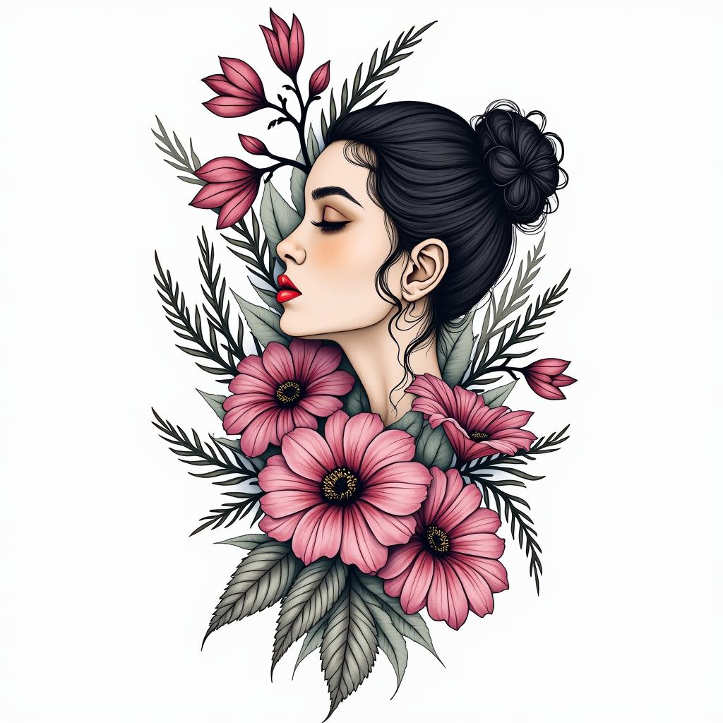 Wisteria wild and sensual with color plantsin new school tattoo, pop culture, modern, detailed tattoo, illustrative - Variation 3