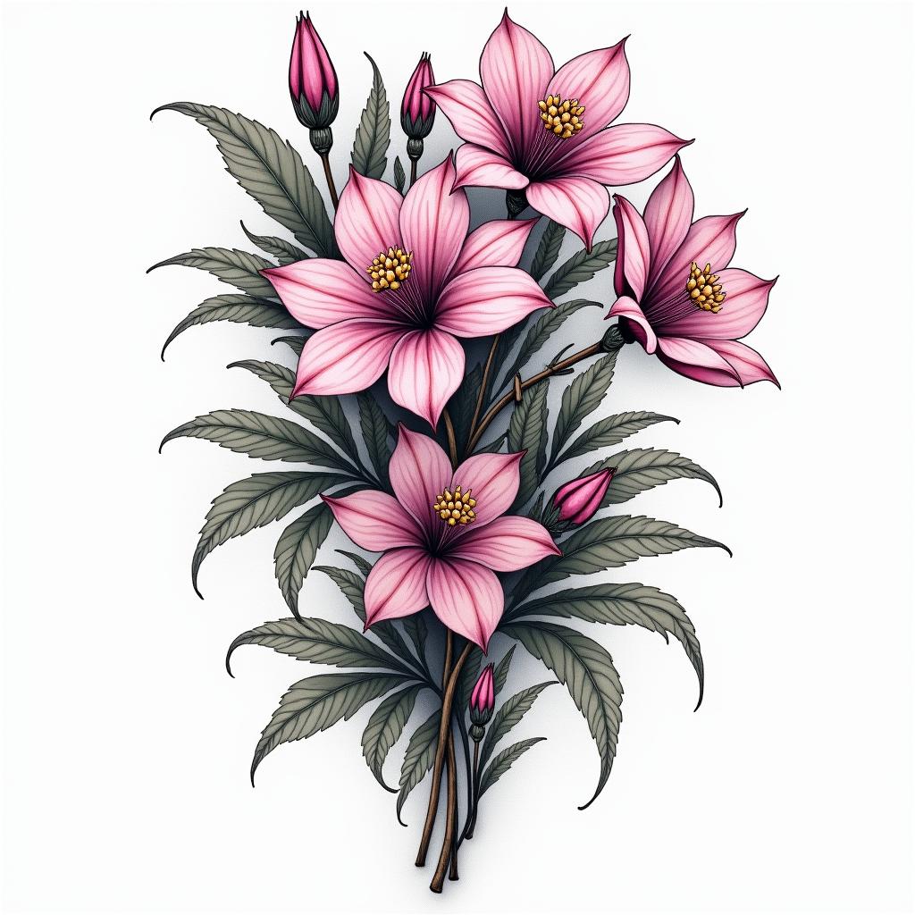 Wisteria wild and sensual with color plantsin new school tattoo, pop culture, modern, detailed tattoo, illustrative