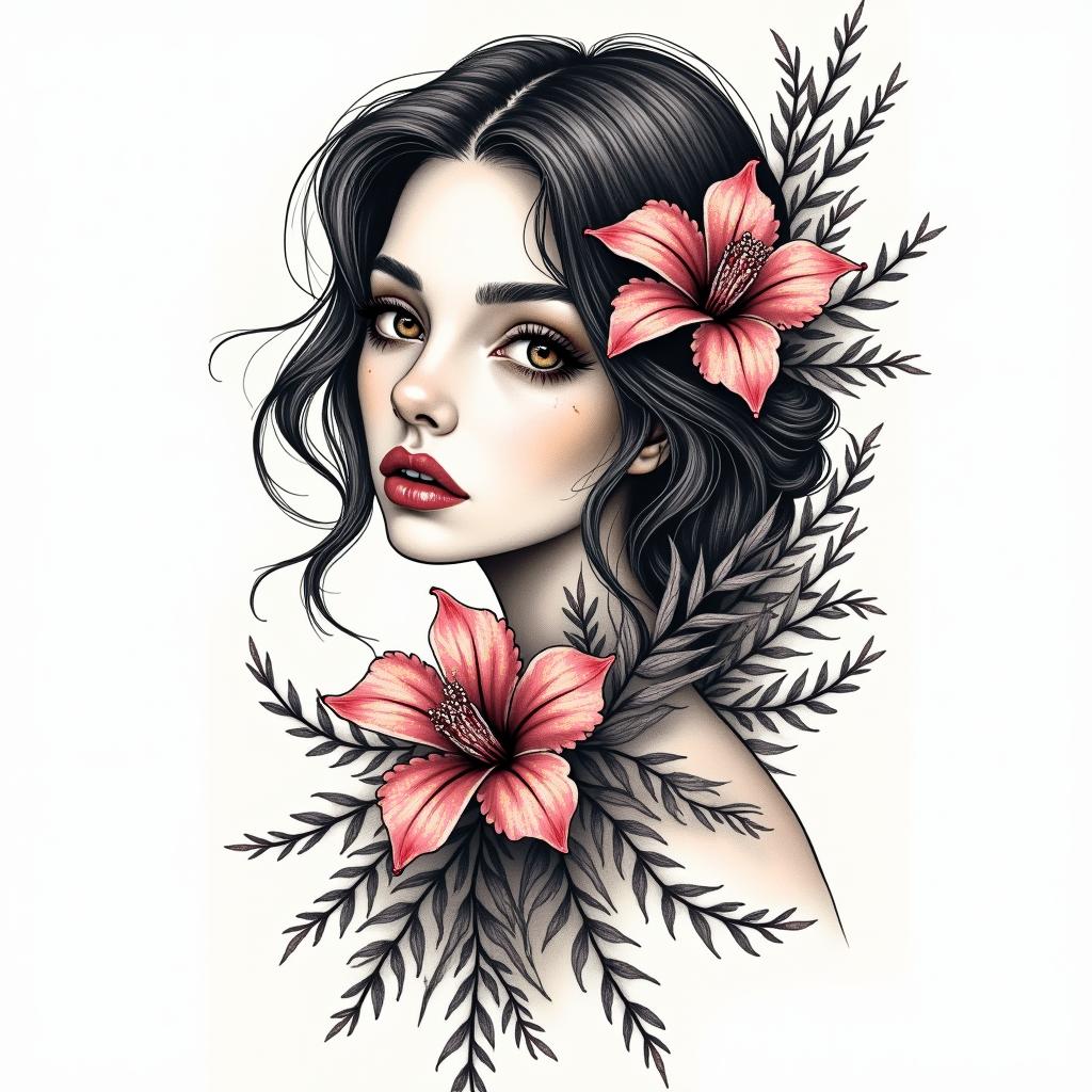 Wisteria wild and sensual with color plantsin new school tattoo, pop culture, modern, detailed tattoo, illustrative - Variation 2