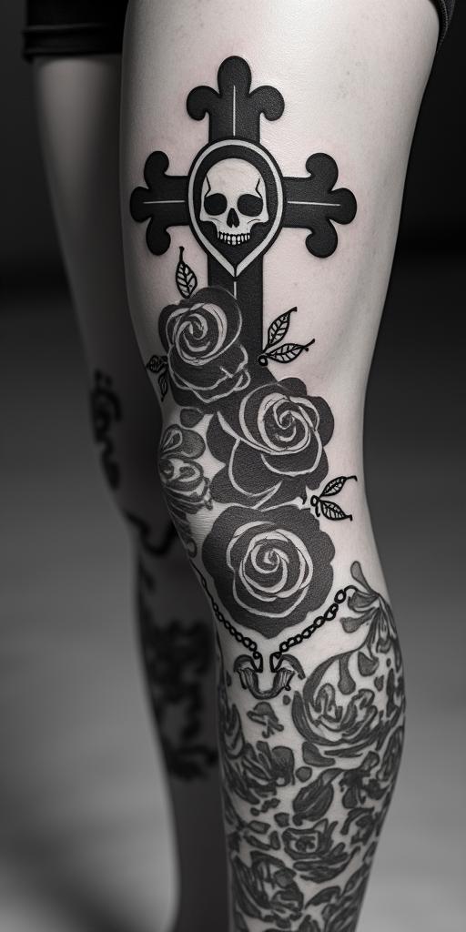 Heartsin chicano style tattoo, featuring intricate black and grey shading, bold elements of traditional chicano culture symbols, add a big cross with skull, chains and roses - Variation 1