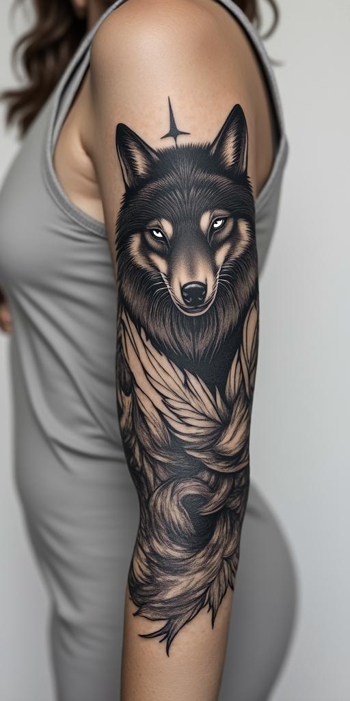 arm cover up, mix of wolf and phoenixin 8-bit tattoo style, minimalistic pixel style tattoo, pixel art with simplified shapes and retro gaming visuals, inspired by 8-bit pixel based detailing - Variation 4