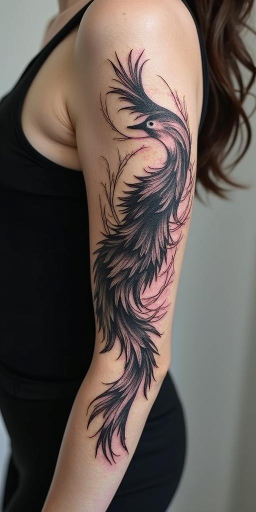 arm cover up, mix of wolf and phoenixin 8-bit tattoo style, minimalistic pixel style tattoo, pixel art with simplified shapes and retro gaming visuals, inspired by 8-bit pixel based detailing - Variation 3