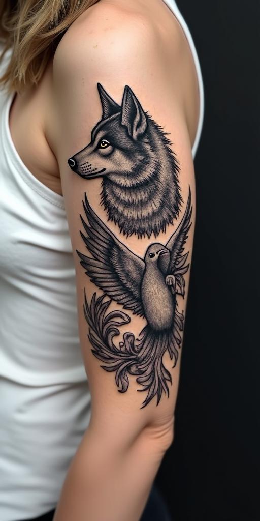 arm cover up, mix of wolf and phoenixin 8-bit tattoo style, minimalistic pixel style tattoo, pixel art with simplified shapes and retro gaming visuals, inspired by 8-bit pixel based detailing