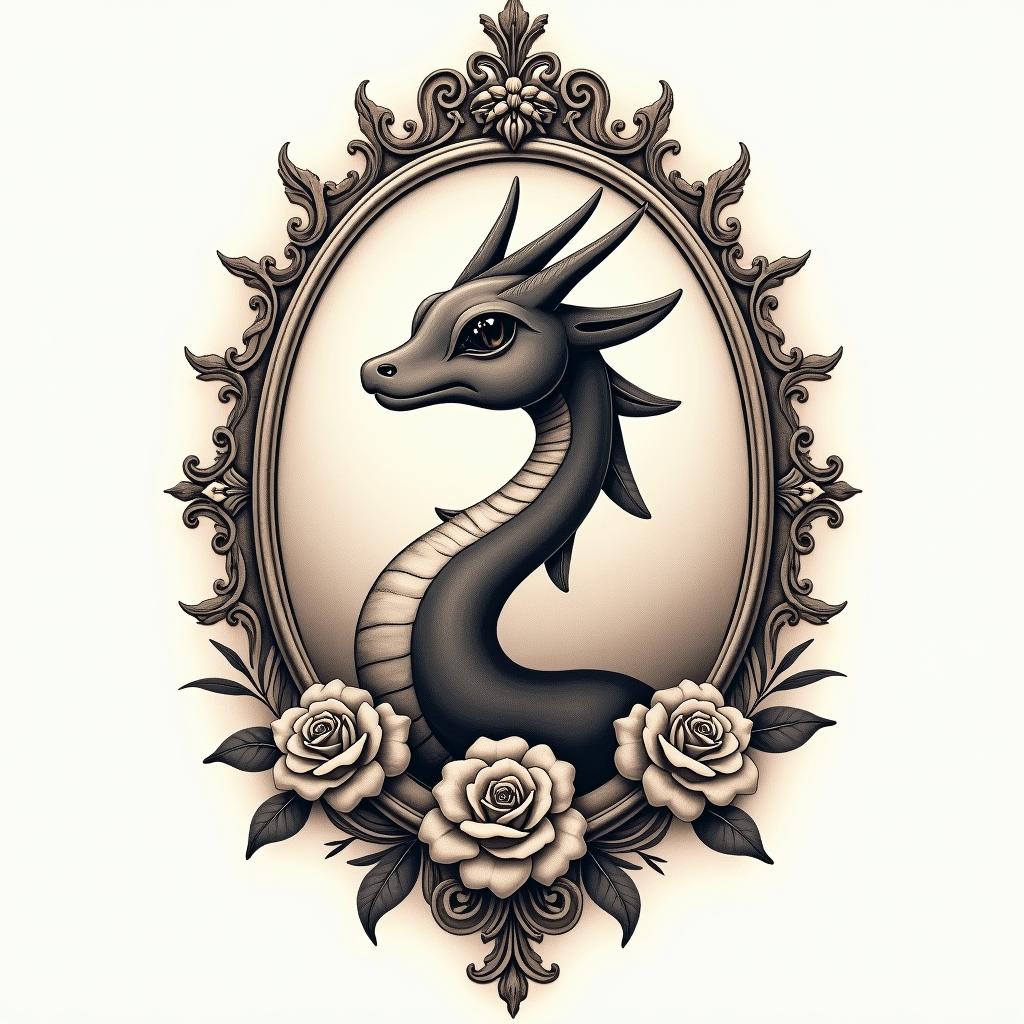 Rayquazain victorian style tattoo, featuring vintage and elegant elements, ornate frames, roses, antique, sepia-toned color scheme - Variation 3
