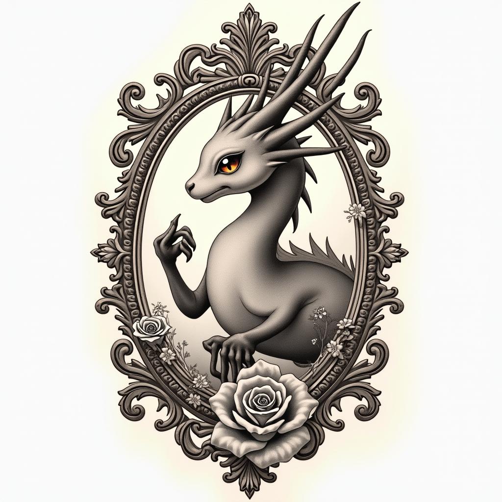 Rayquazain victorian style tattoo, featuring vintage and elegant elements, ornate frames, roses, antique, sepia-toned color scheme - Variation 4