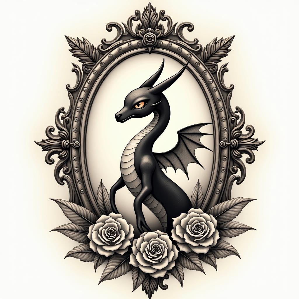 Rayquazain victorian style tattoo, featuring vintage and elegant elements, ornate frames, roses, antique, sepia-toned color scheme