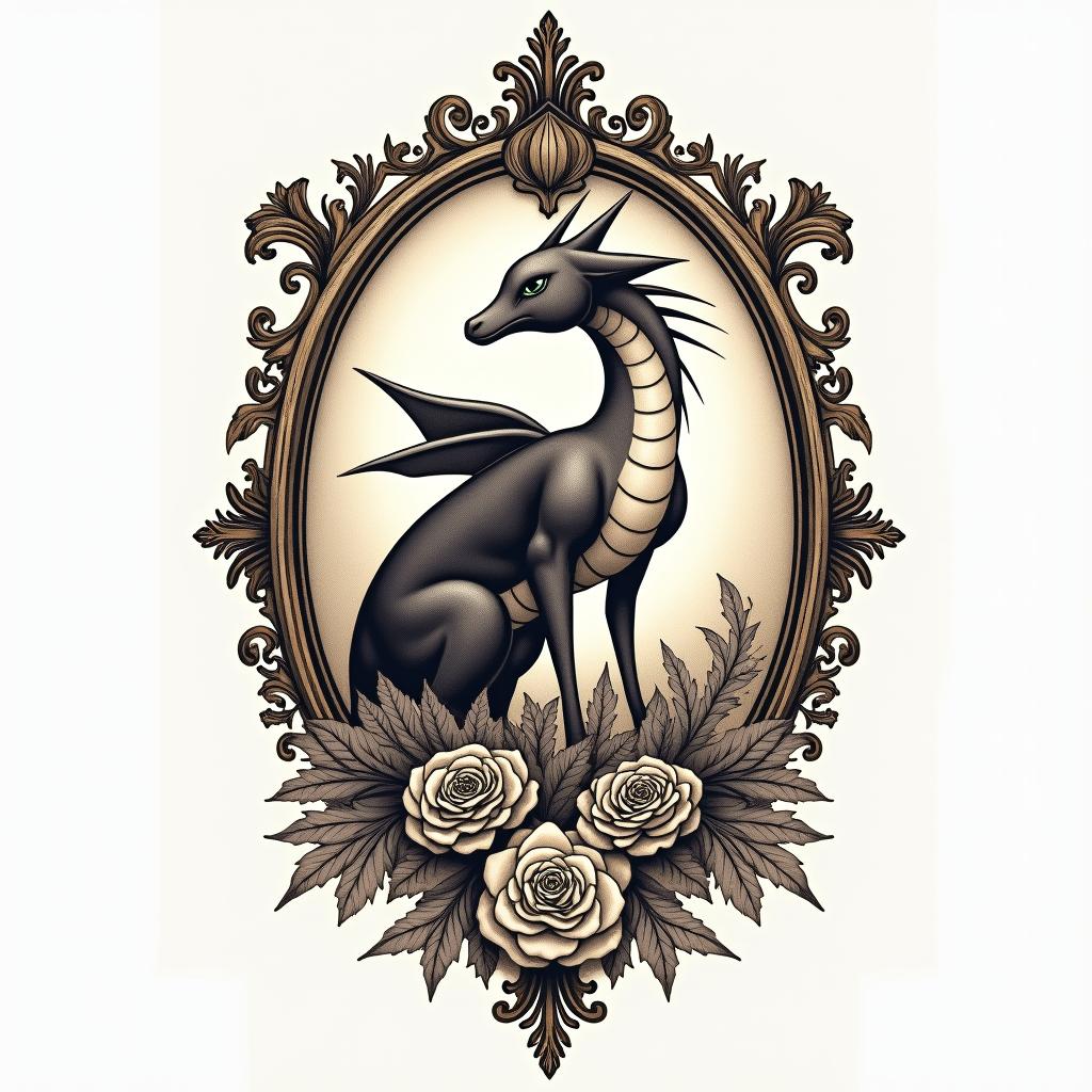 Rayquazain victorian style tattoo, featuring vintage and elegant elements, ornate frames, roses, antique, sepia-toned color scheme - Variation 2