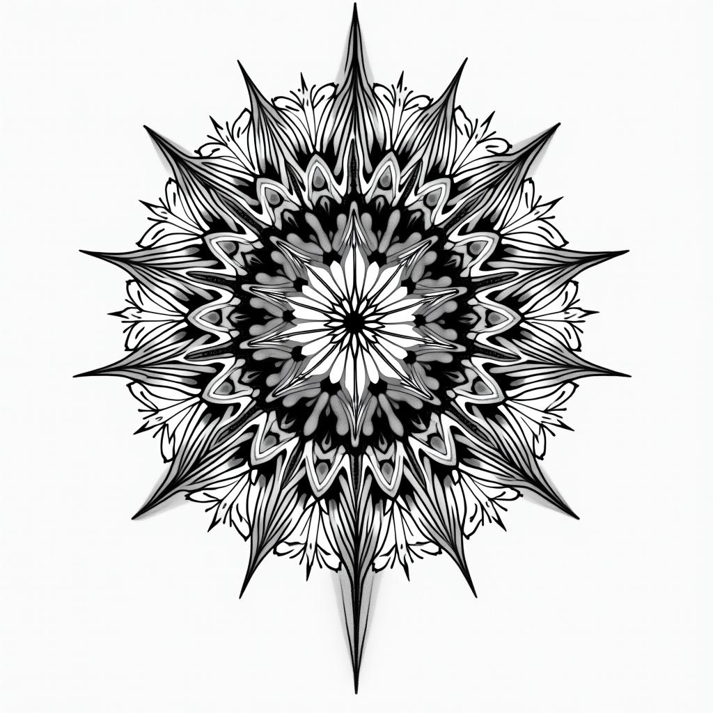 Success, willpower, anger, divorcein dotwork style tattoo, complex mandala patterns, interlocking geometric shapes with sharp symmetry, clean lines, sharp angles - Variation 3