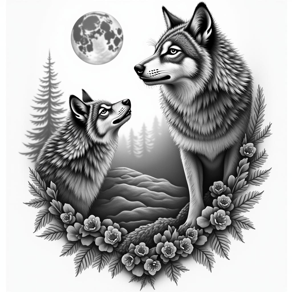 Landscape wolves owls moonhigly detailed tattoo