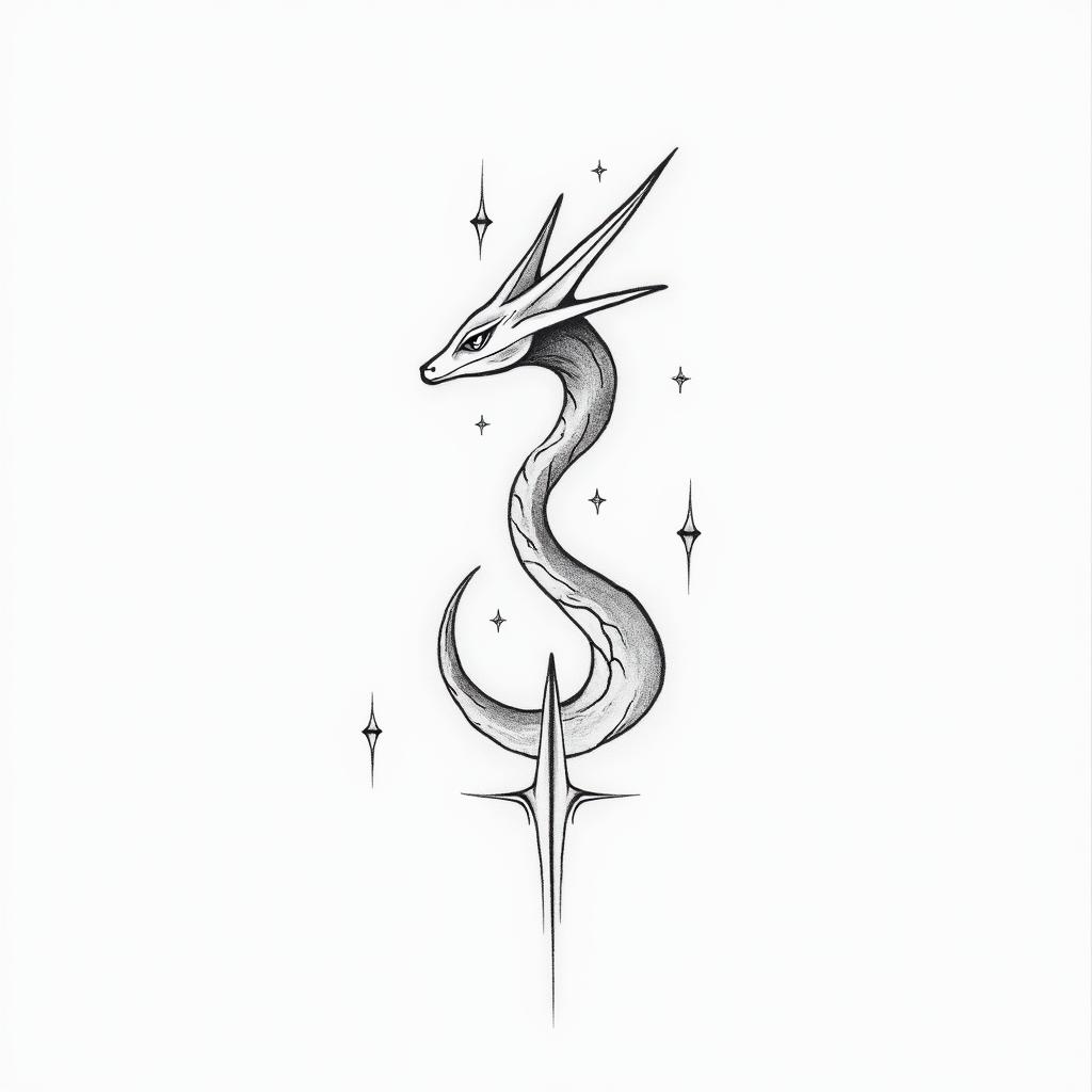 Rayquazain minimalist style tattoo, featuring simple shapes and fine lines, with minimal shading and details, tiny triangles, creating a sense of balance and harmony - Variation 3