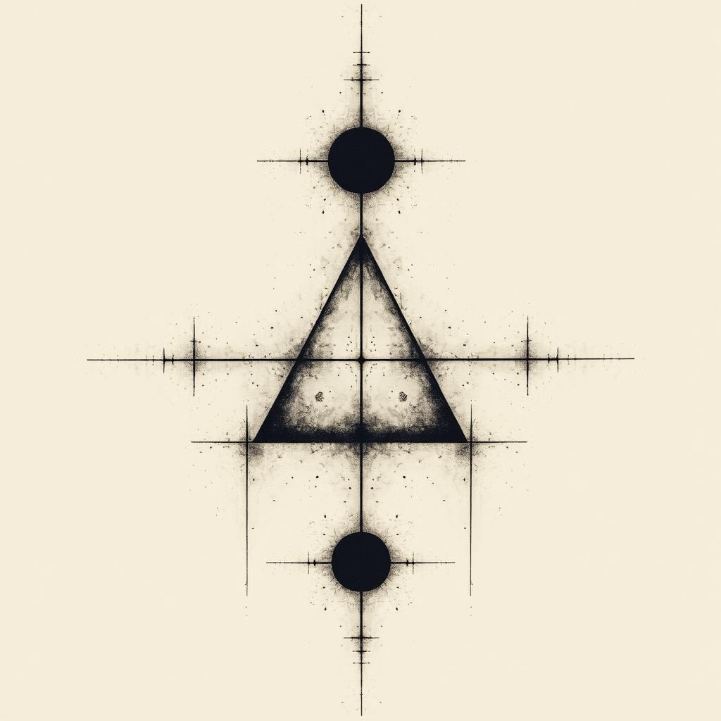 An abstract tattoo design featuring a triangle with a line bisecting it, surrounded by circles, including one larger than the triangle. The design emphasizes simplicity and elegance.undefined - Variation 1