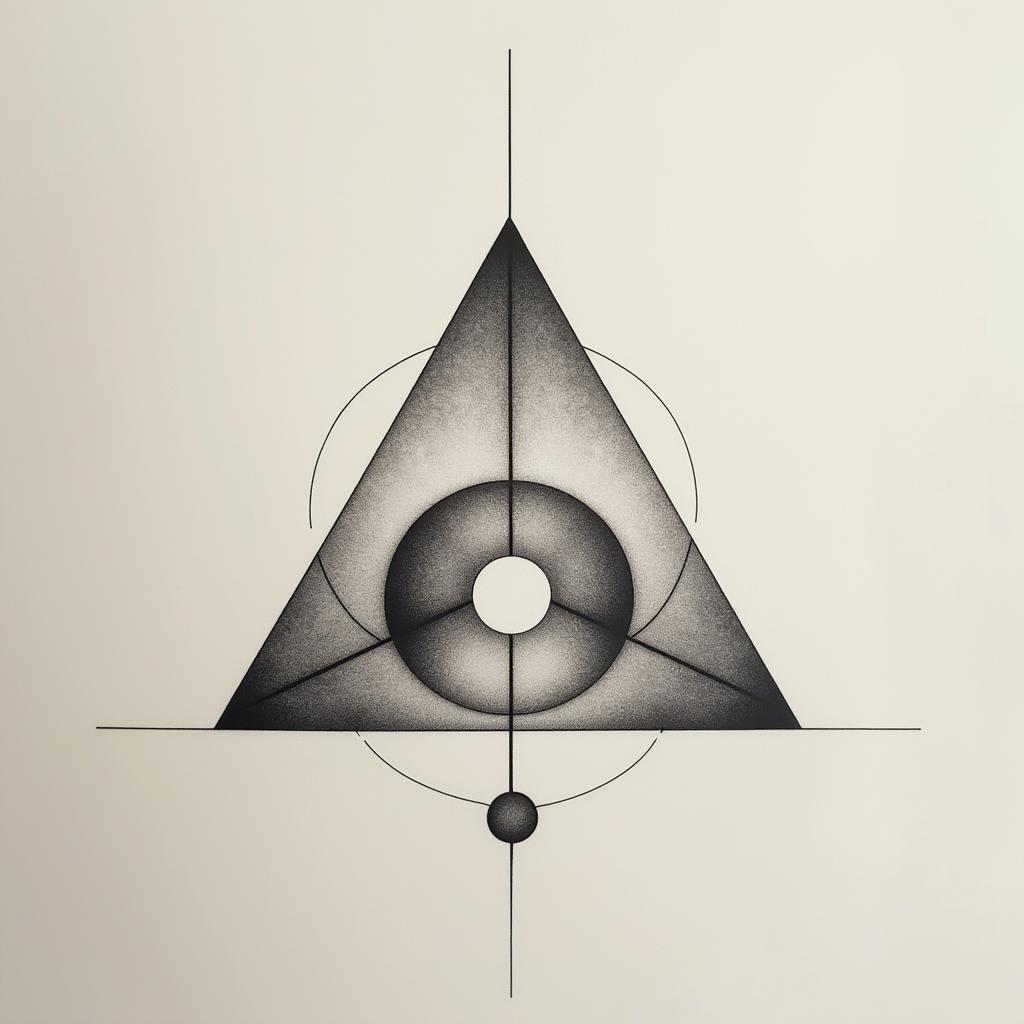 A minimalist tattoo showcasing a triangle with a bisection, and larger circles strategically placed outside and inside the triangle, reflecting sleek elegance.undefined