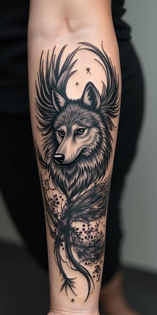 arm cover up, mix of wolf and phoenixin graffiti style tattoo, featuring bold and dynamic street art elements, spray-paint texture with exaggerated lines and expressive, chaotic brushstrokes, intricate lettering incorporated with graffiti tags, symbols like hearts, stars, and wings - Variation 3