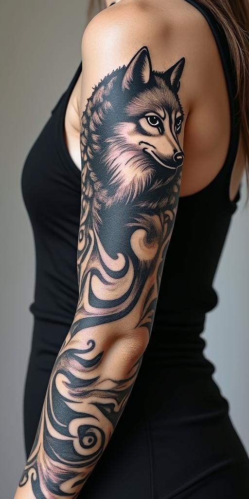 arm cover up, mix of wolf and phoenixin graffiti style tattoo, featuring bold and dynamic street art elements, spray-paint texture with exaggerated lines and expressive, chaotic brushstrokes, intricate lettering incorporated with graffiti tags, symbols like hearts, stars, and wings - Variation 4