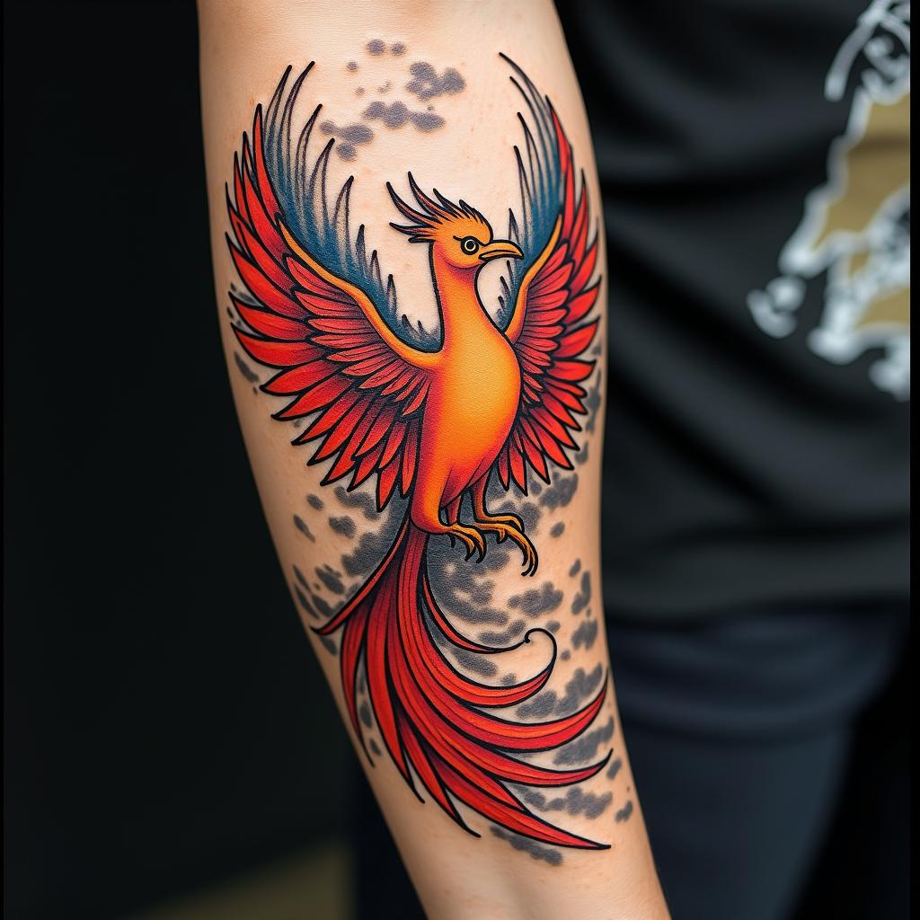 Phoenix risingin pop art style tattoo, featuring bold and vibrant colors, exaggerated outlines, iconic imagery, inspired by comic books and speech bubbles, comic book characters, retro pop culture - Variation 2