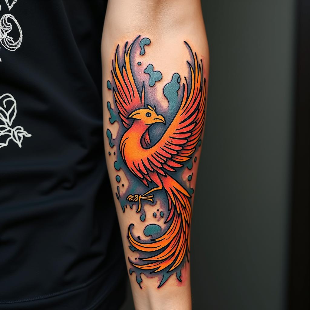 Phoenix risingin pop art style tattoo, featuring bold and vibrant colors, exaggerated outlines, iconic imagery, inspired by comic books and speech bubbles, comic book characters, retro pop culture - Variation 3