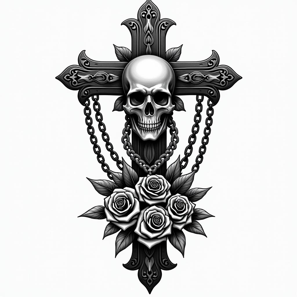Nixon special police forcesin chicano style tattoo, featuring intricate black and grey shading, bold elements of traditional chicano culture symbols, add a big cross with skull, chains and roses