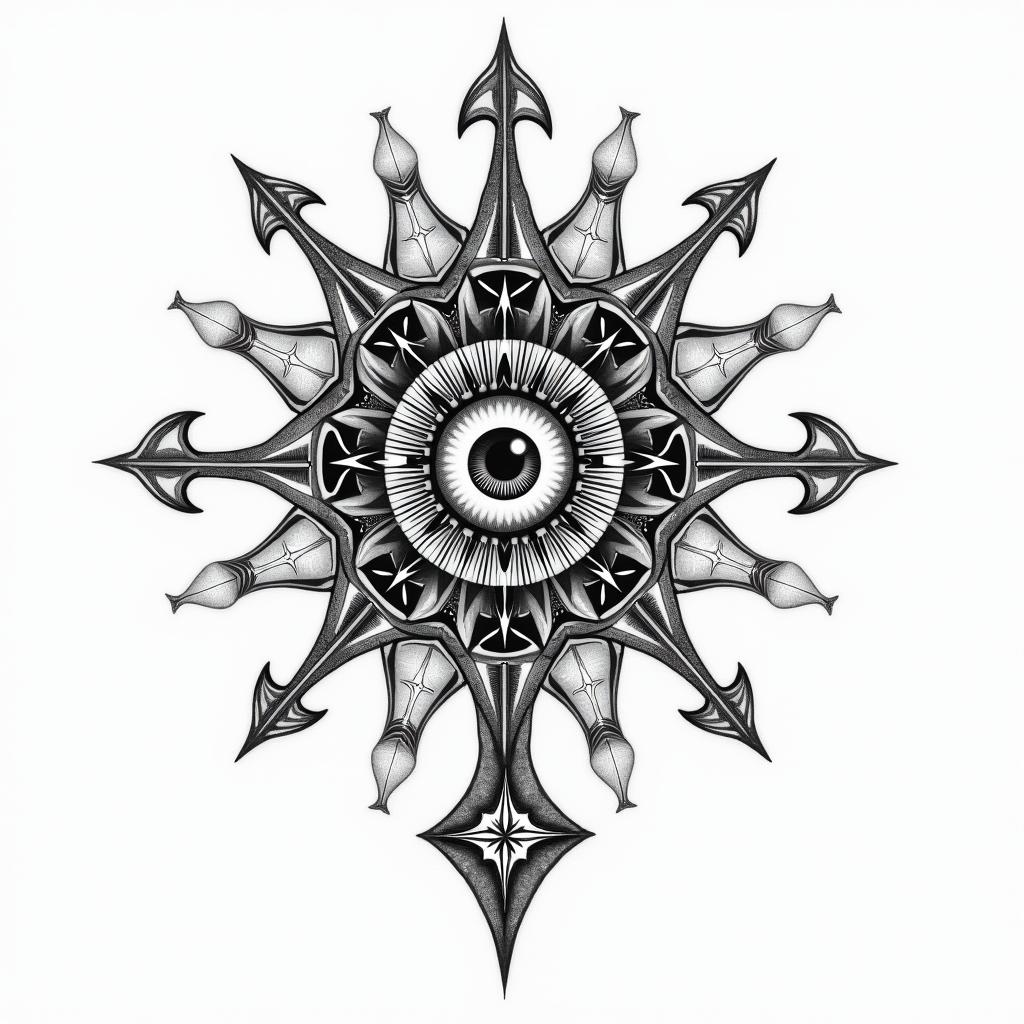 Success, willpower, anger, divorcein prophecy tattoo style, featuring mystical symbols, celestial imagery like stars, moons, suns, geometric patterns, foretelling elements, an eye of wisdom - Variation 3