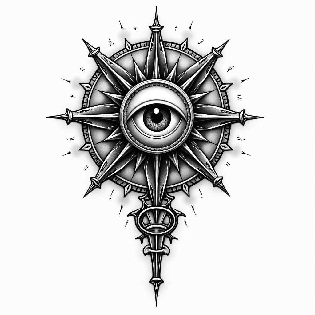 Success, willpower, anger, divorcein prophecy tattoo style, featuring mystical symbols, celestial imagery like stars, moons, suns, geometric patterns, foretelling elements, an eye of wisdom - Variation 2