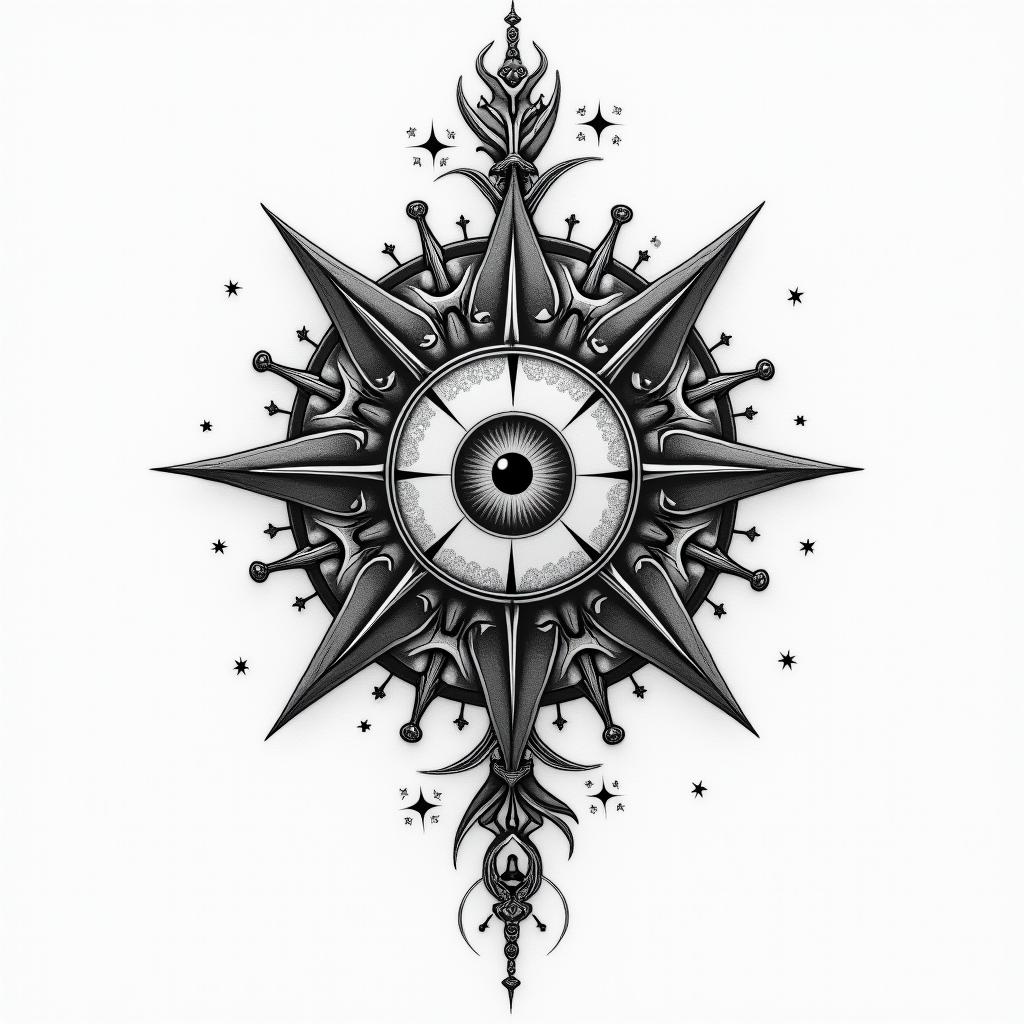 Success, willpower, anger, divorcein prophecy tattoo style, featuring mystical symbols, celestial imagery like stars, moons, suns, geometric patterns, foretelling elements, an eye of wisdom - Variation 4
