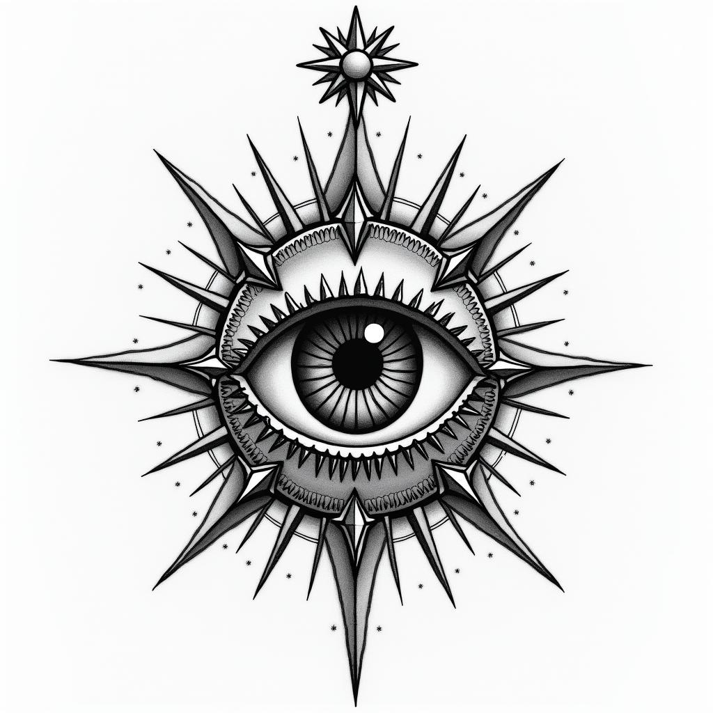 Success, willpower, anger, divorcein prophecy tattoo style, featuring mystical symbols, celestial imagery like stars, moons, suns, geometric patterns, foretelling elements, an eye of wisdom