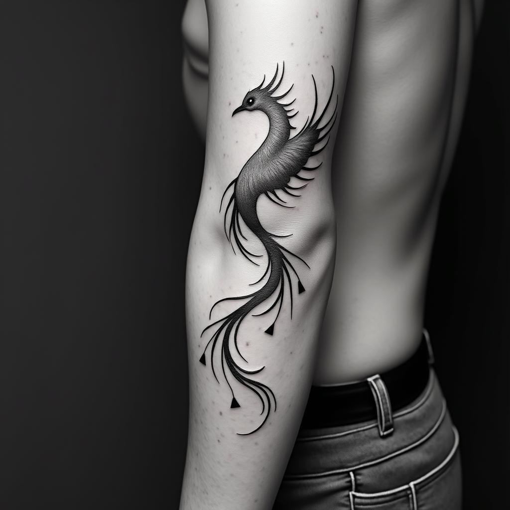 Phoenix risingin minimalist style tattoo, featuring simple shapes and fine lines, with minimal shading and details, tiny triangles, creating a sense of balance and harmony - Variation 2