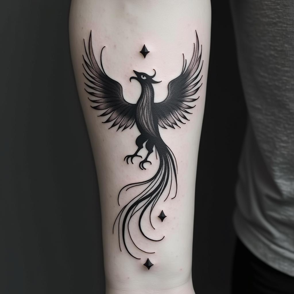 Phoenix risingin minimalist style tattoo, featuring simple shapes and fine lines, with minimal shading and details, tiny triangles, creating a sense of balance and harmony - Variation 3