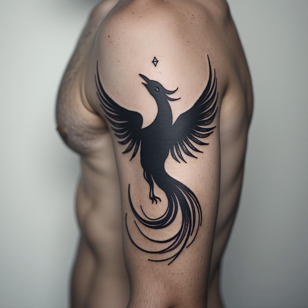 Phoenix risingin minimalist style tattoo, featuring simple shapes and fine lines, with minimal shading and details, tiny triangles, creating a sense of balance and harmony - Variation 4