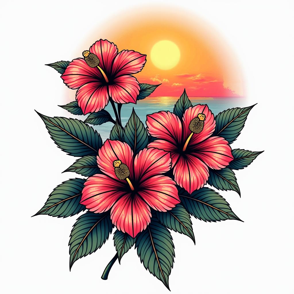 Beach sunset hibiscus flowersin pop art style tattoo, featuring bold and vibrant colors, exaggerated outlines, iconic imagery, inspired by comic books and speech bubbles, comic book characters, retro pop culture - Variation 2