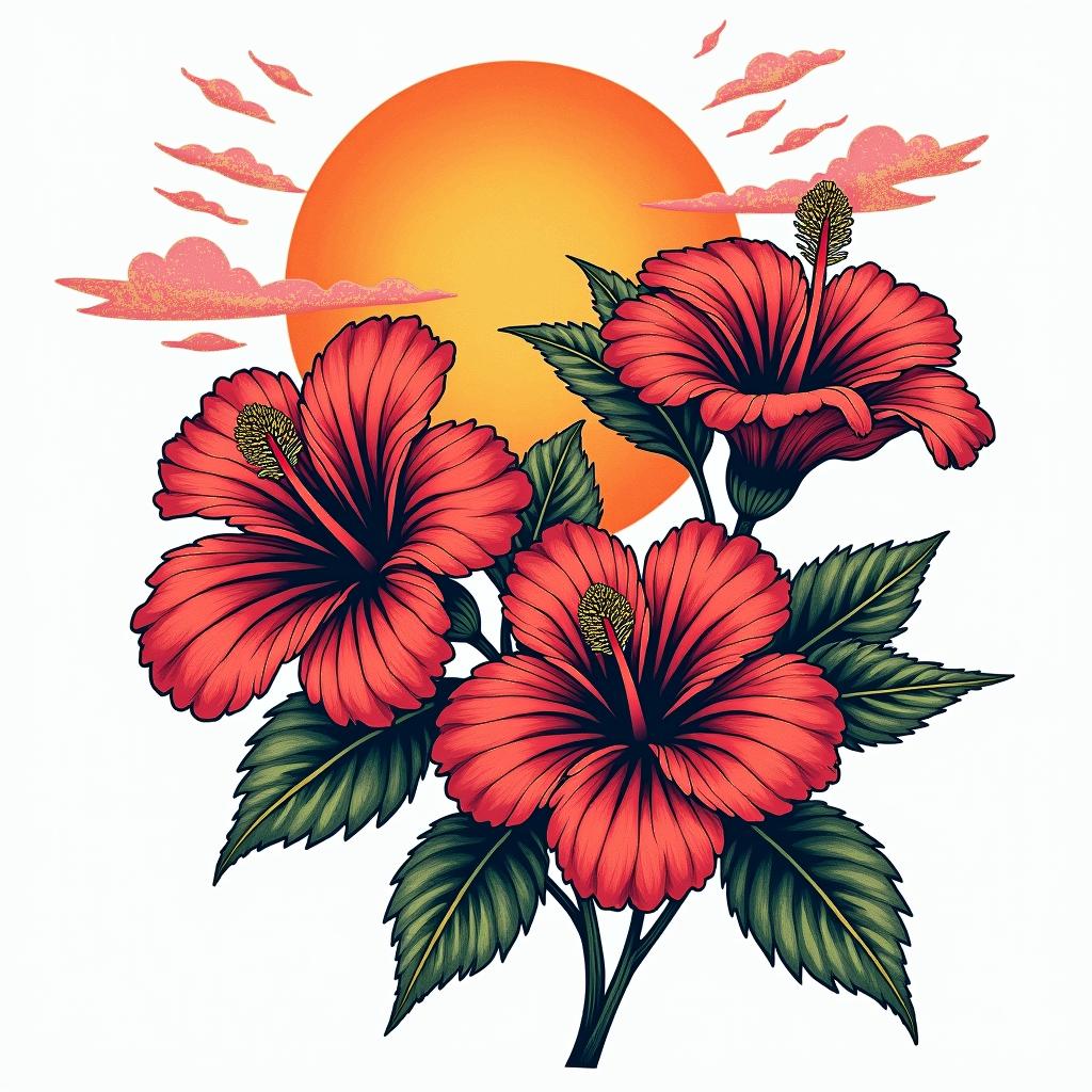 Beach sunset hibiscus flowersin pop art style tattoo, featuring bold and vibrant colors, exaggerated outlines, iconic imagery, inspired by comic books and speech bubbles, comic book characters, retro pop culture - Variation 3