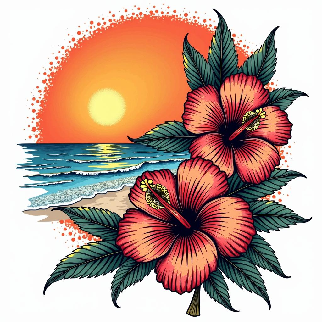 Beach sunset hibiscus flowersin pop art style tattoo, featuring bold and vibrant colors, exaggerated outlines, iconic imagery, inspired by comic books and speech bubbles, comic book characters, retro pop culture - Variation 4
