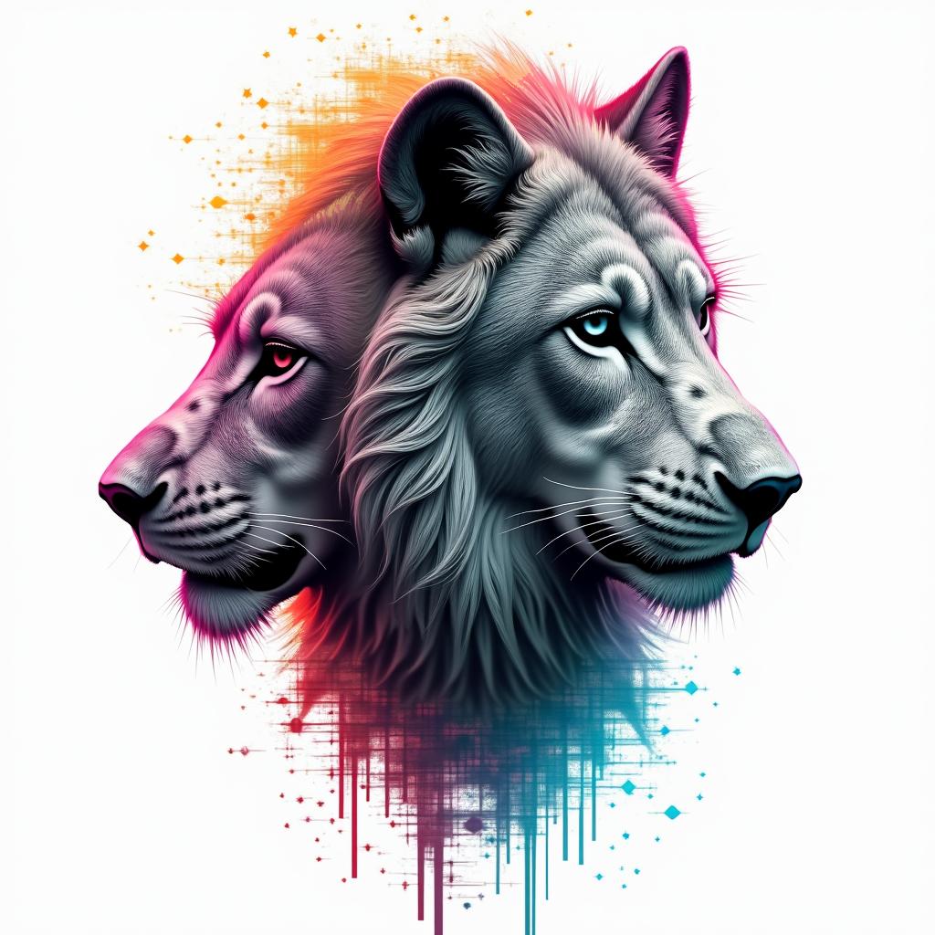 Wolf and a lion side by sidein distorted and fragmented tattoo design, featuring a classical statue bust, in a glitch art style with vibrant, overlapping colors of cyan, magenta, and yellow, creating a digital distortion effect