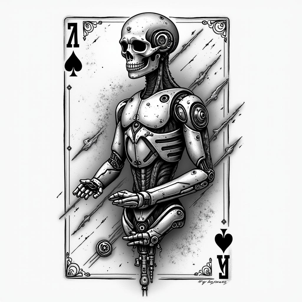 Card game, treasure, world map, Caribbeantattoo in biomechanic style, the tattoo covered by robotic elements of futuristic cyberpunk design, robotic features detail, showcasing intricate mechanical components - Variation 2