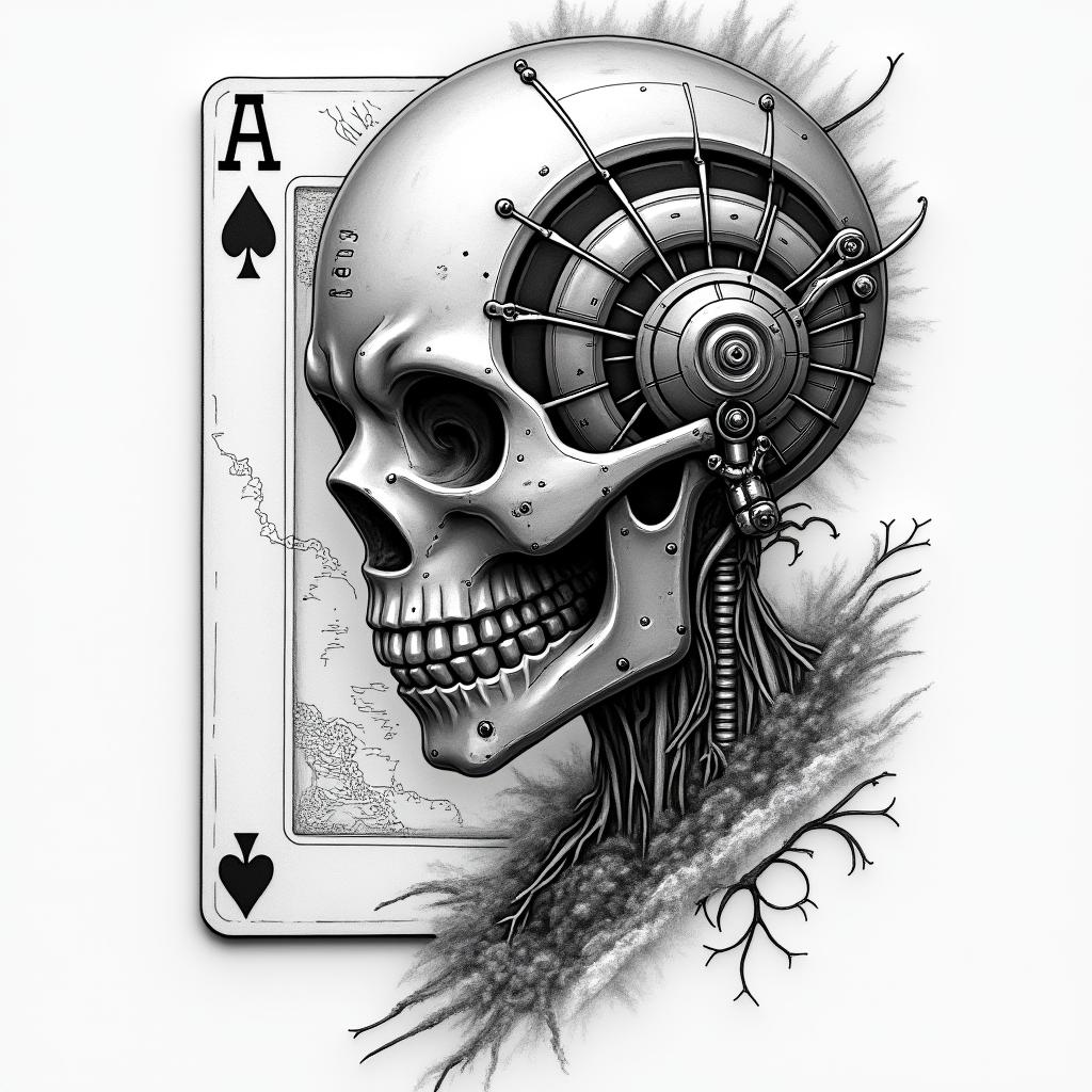 Card game, treasure, world map, Caribbeantattoo in biomechanic style, the tattoo covered by robotic elements of futuristic cyberpunk design, robotic features detail, showcasing intricate mechanical components - Variation 4