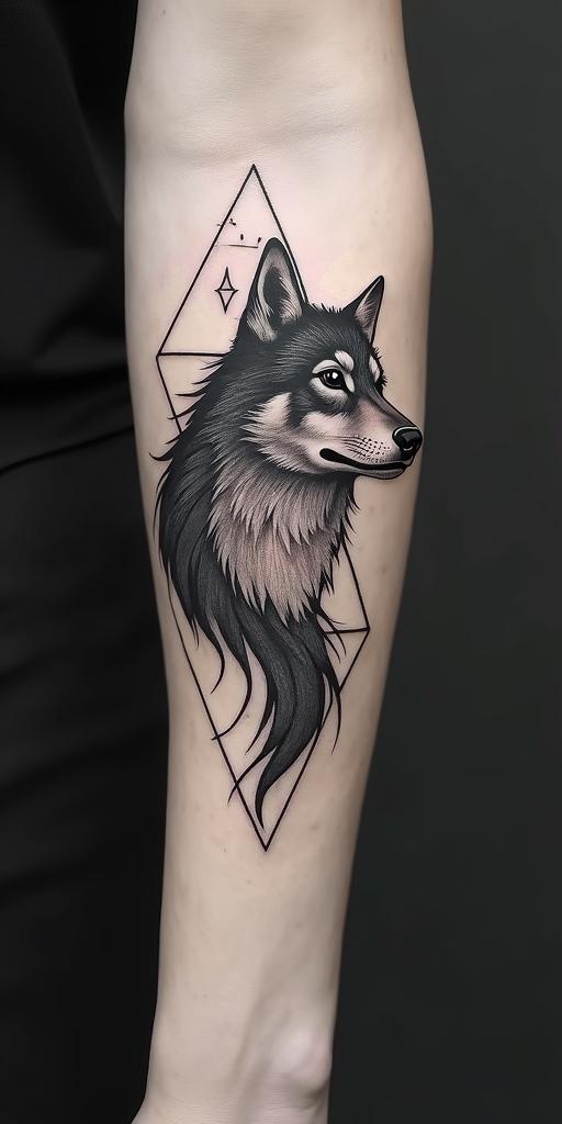 arm cover up, mix of wolf and phoenixin minimalist style tattoo, featuring simple shapes and fine lines, with minimal shading and details, tiny triangles, creating a sense of balance and harmony